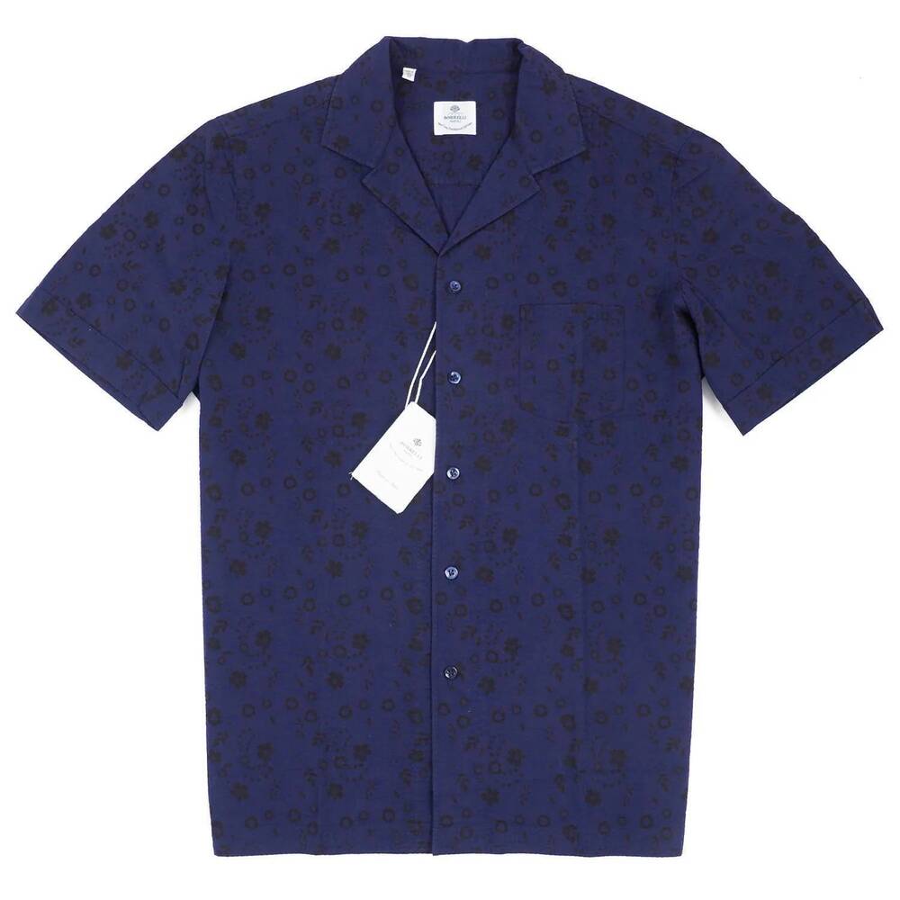 NEW LUIGI BORRELLI NAPOLI men's lightweight floral cotton shirt in navy blue